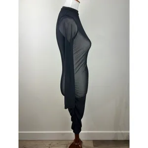 Sheer Mesh Long Sleeve Mock Neck Bodycon Midi Dress Black Ruched Thumbholes thumbnail 11