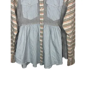 Dress Up Mixed Print Button Down Top Women Small‎ Blue Peplum Striped Plaid Boho thumbnail 4