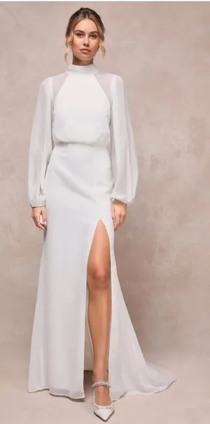 LULU's Graceful Love White Long Sleeve Backless Elegant Mermaid Bridal Gown thumbnail 1