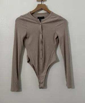 White Fox Ribbed Long Sleeve Body Suit Button Front Beige Small Rayon thumbnail 1