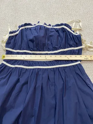 Navy Midi Dress with White Trim and Spaghetti Straps Size L 100% Cotton thumbnail 11