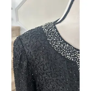 Vintage Old Money Black Silk Faux Pearl Trim Beaded Blazer Evening Jacket thumbnail 4