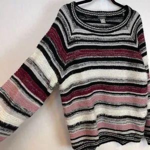 VENUS Sweater Women's Medium Purple Black Oversized Striped Long Sleeve Pullover thumbnail 3