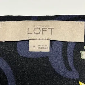 LOFT Black and Navy CrewNeck Floral Long Sleeve Blouse with Side Slits- Medium thumbnail 11