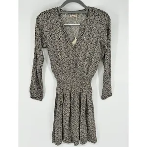 Faherty Dress Brown Montara Leaf Batik Long Sleeve Mini Smocked Swing Flowy XXS thumbnail 2
