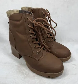 Soda Faux Leather Lace Up Combat‎ Ankle Boots Knit Cuff Block Heel Lug Sole 9W thumbnail 1