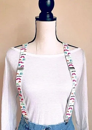 White Suspenders w/ Multicolored Neon Mustache Pattern: Stretchy, Adjustable Multiple thumbnail 2