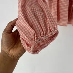 Forever Sunny Smocked Gingham Blouse Petal Pink Balloon Sleeves Peasant Milkmaid thumbnail 8