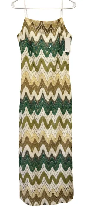 NEW Sadie & Sage The‎ Tides Maxi Dress Green Chevron Crochet Spaghetti Strap L thumbnail 1