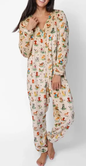 Natural Life Dog Park One Piece Pajamas Large Plush Fleece Dog Print Jumpsuit thumbnail 1