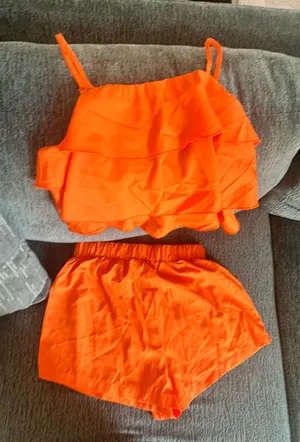 Orange ruffle crop top short set thumbnail 1