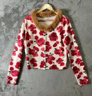 For Love & Lemons Carol Floral‎ Cardigan Faux Fur Rose Print Coquette Wool XL thumbnail 1