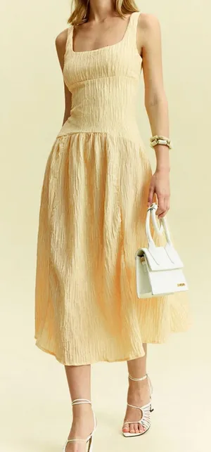 ZARA Textured Low Back Midi Dress in Vanilla Yellow Butter Size Medium thumbnail 1