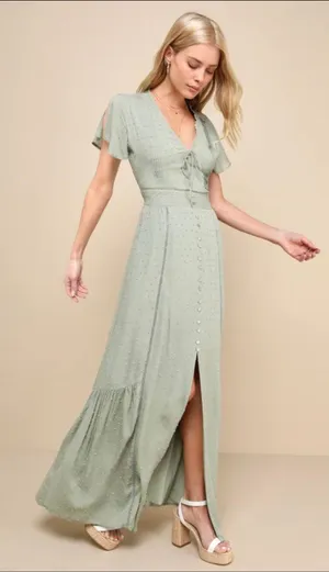 Lulus Completely In Love Sage Green Swiss Dot Button-Front Maxi Dress thumbnail 3