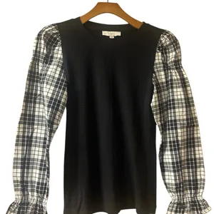Loft Plaid Lace Trim Mixed Media Blouse size M thumbnail 2