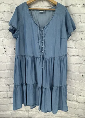 True Craft Dress 2X Plus Blue Denim Chambray Short Sleeve Tiered Swing thumbnail 1