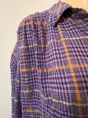 Free People Break My Stride Purple Plaid Button Down Shirt Top Medium thumbnail 5
