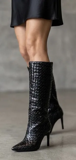 INC International Concepts Size-9.5M Black Woven High Stiletto Boots Pointed Toe thumbnail 1