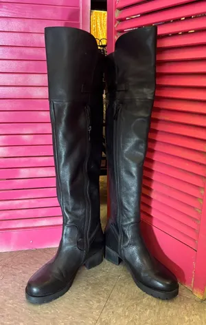 Tata Black Leather Over The Knee Boots Buckle Detail Low Block Heel Tall Boots thumbnail 1