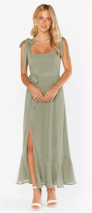 Show Me Your Mumu NWOT Claire Midi Dress Sage Green Tie Strap Side Slit Dress S thumbnail 1