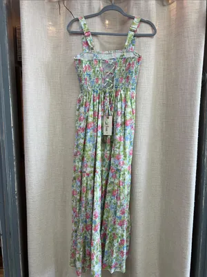 Floral Smocked Tiered Midi Dress Pink Blue Green Print Large thumbnail 12