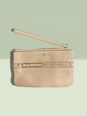 Kate Spade Beige Pebbled Leather Wristlet with Front zipper pocket. thumbnail 3