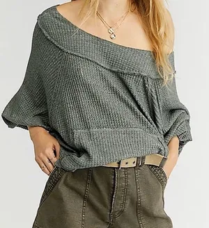 We The Free People Westend Thermal Off-Shoulder Army‎ Green Sweater thumbnail 1