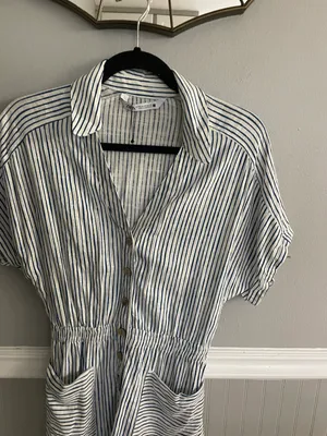 Blue White Stripe Lined Blend Button Down Shirt Short Romper Jumpsuit thumbnail 5
