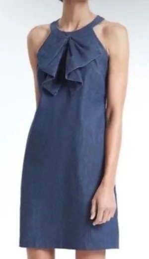 Banana Republic Blue Denim Halter Dress Ruffle Bow Shift Pockets Sleeveless thumbnail 1