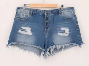 High‎ Waisted Distressed Denim Shorts Womens Size 2XL Blue Button Fly Raw Hem thumbnail 1