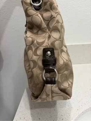 Coach Ashley Signature Sateen Carryall Satchel Bag F15510 Khaki Brown Leather⁠ thumbnail 5