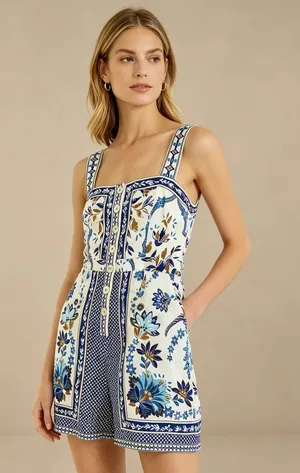 NWOT Farm Rio Linen Blend Floral Print Romper Blue Size M thumbnail 1