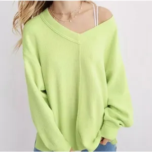 Aerie Wonder Textured V-Neck Sweatshirt Green Waffle Knit Oversized Women M EUC thumbnail 1