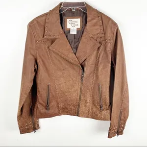 CRIPPLE CREEK Brown 100% Genuine Leather Studded Zip Pockets Jacket Size Medium thumbnail 1
