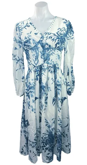 Commense Multicolor Floral Print Long Sleeve V-Neck A-Line Blue White Midi Dress thumbnail 1