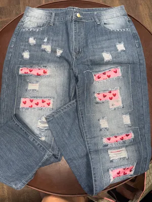 Women’s Distressed Blue Jeans with Pink Heart Patch Details thumbnail 1