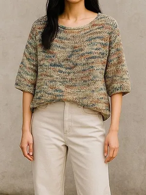 Zara Chunky Knit Relaxed Sweater 3/4 Sleeve Scoop Back S Multicolorfull Cream thumbnail 1