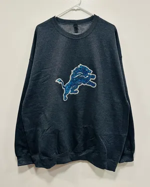 Detroit lions gray Sweater with Blue sequin glitter Lions Logo 2XL thumbnail 1