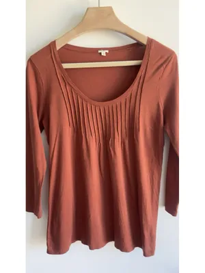 J Crew Pleated Scoop Neck 3/4 Sleeve Top Brown Rust Cotton Medium M thumbnail 4