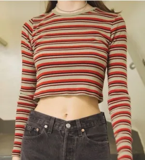 2274 | Brandy Melville Santana Striped Ribbed Crop Top Red Tan Long Sleeve OS thumbnail 1