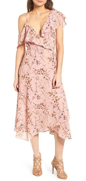 Wayf Pink Floral Ruffle Midi Wrapped Dress Small thumbnail 1