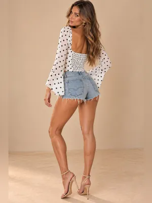 Reformation Ivory With Black Polka Dot Satin Wrap Cropped Long Bell Sleeve Top thumbnail 9
