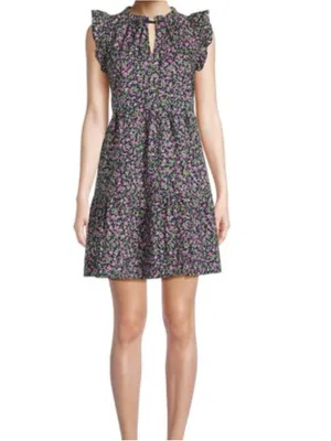 Time and Tru Black Floral Tiered Midi Dress with Pink and Green Print thumbnail 2