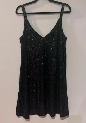 Women’s Sequin V Neck Shift Dress Sparkly Black NWT thumbnail 4