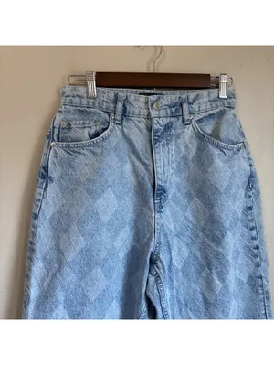 ASOS DESIGN High Rise Slouchy Mom Jeans Argyle Laser Print Light Wash 28x32 thumbnail 3