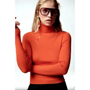 NWT!! ZARA Ribbed Turtleneck Sweater Bright Orange Fitted Knit Cropped Small thumbnail 4