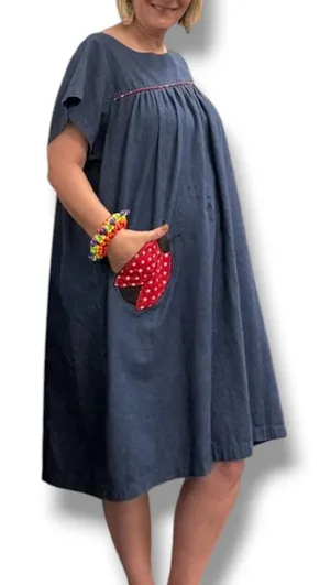 Vintage Ladybug Polka Dot Chambray Denim Dress Midi Cottagecore Medium Whimsical thumbnail 1
