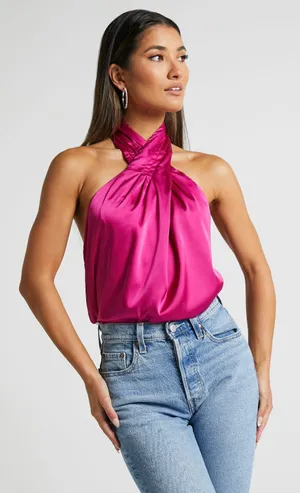 Showpo Pink Silk Halter Top thumbnail 1