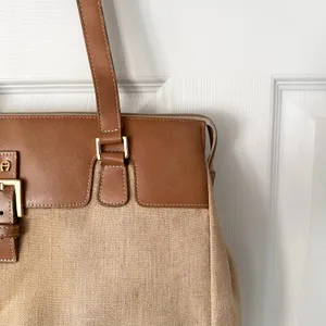 Etienne Aigner Vintage Woven Linen Tan Leather Trim Shoulder Tote Satchel Buckle thumbnail 4