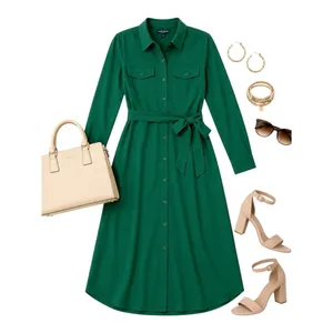 Lucky Brand Jewel Green Satin Shirt Dress XL Utility Long Sleeve Midi Pockets thumbnail 14